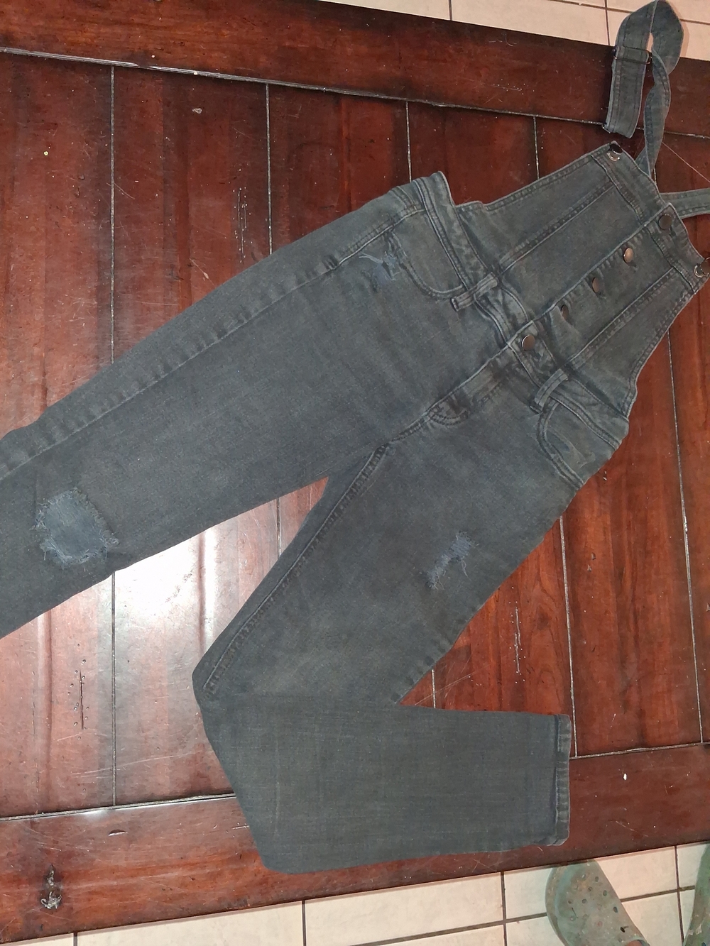refuge Women's Dark Gray Distressed Denim Overalls